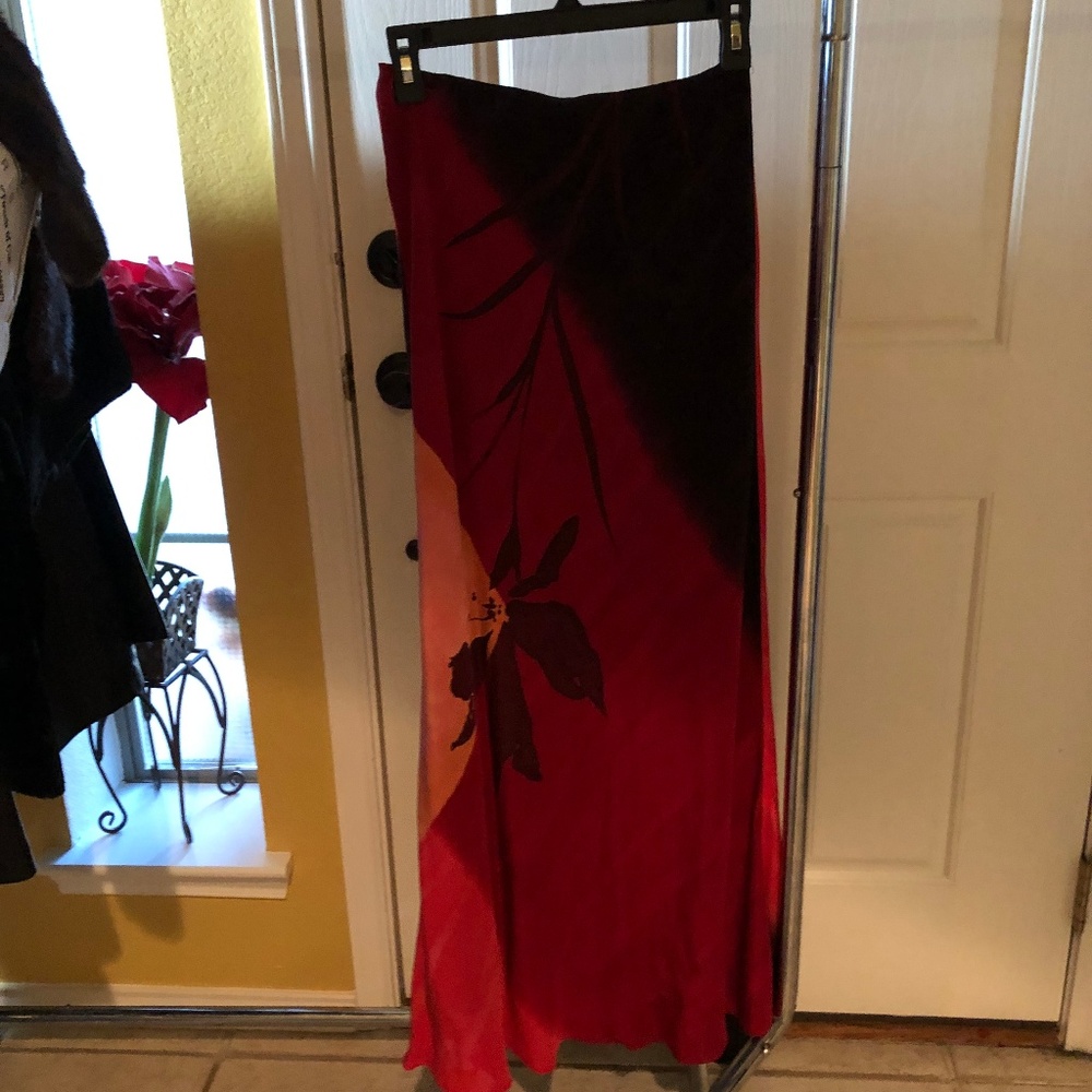 full length flowered red two tone elastic waist